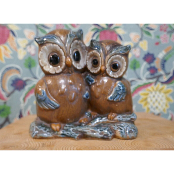 Vintage Napcoware Japan Pair of Pottery Owls Brown & Blue Planter C9238 - Picture 3 of 12